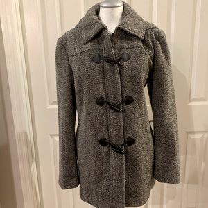 Ellen Tracy classic wool blend toggle/duffel coat w/hood. Grey tweed. Size XL.